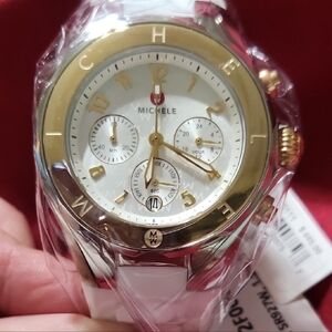 NWT Michele Gold and White Chronograph Women's Watch